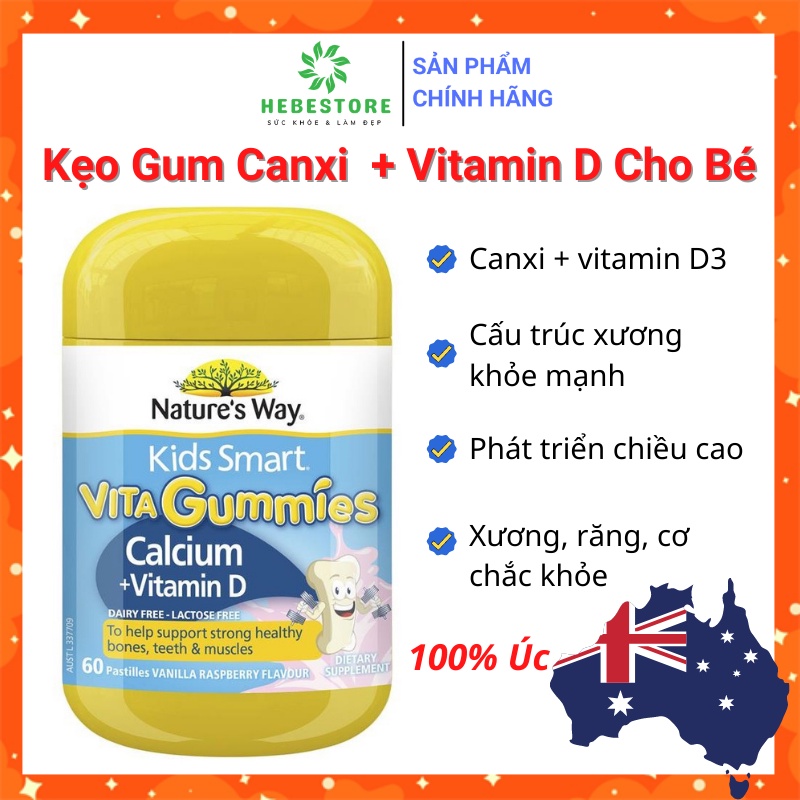 Kẹo gum canxi vitamin D Nature's Way Kids Smart Gummies Calcium + Vitamin D 60 viên cho bé của Úc | WebRaoVat - webraovat.net.vn