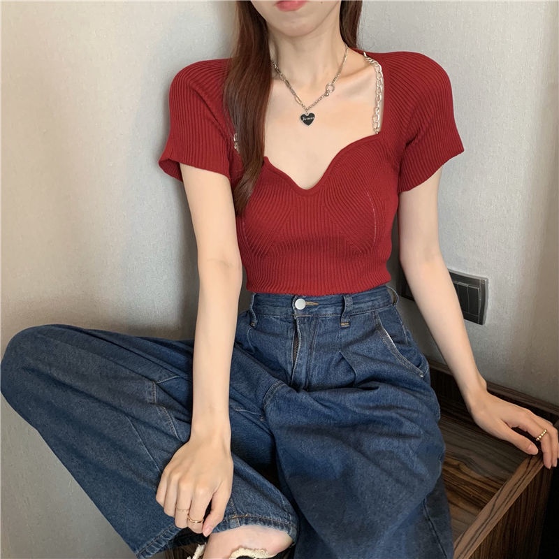Áo Thun Ngắn Tay Cổ Vuông Phong Cách Mới Mùa Hè Cho Nữ