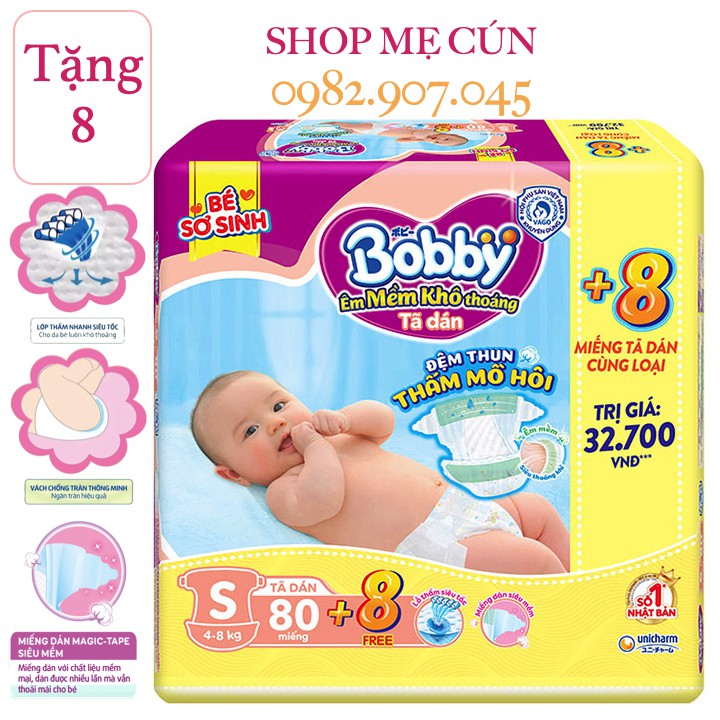 (Hàng Chính Hãng, date mới) Tã dán sơ sinh Bobby S56, S80