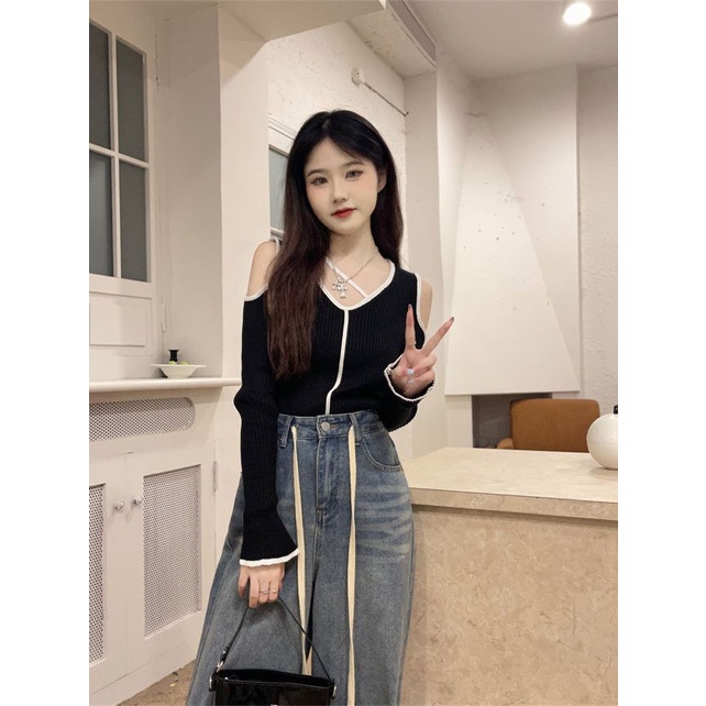 COZOK Áo Sweater Dệt Kim Tay Dài Cổ Chữ V Hở Vai Phong Cách Thời Trang Hàn Quốc