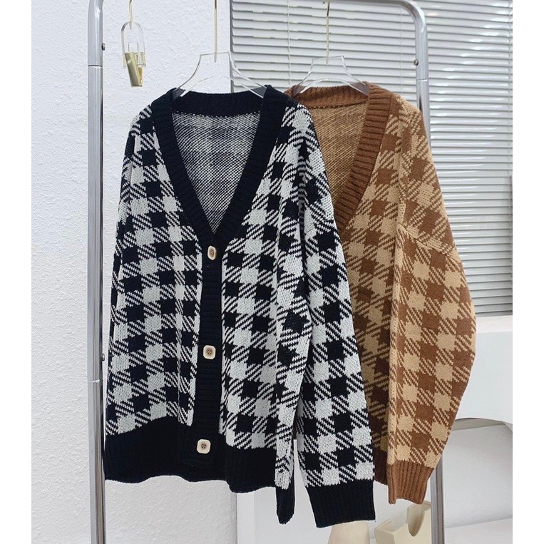 Áo len cardigan kẻ ô dài tay  dáng rộng, áo khoác cardigan kẻ ô form rộng dài tay dày dặn màu nâu đen PIKA.CLOTHINGG