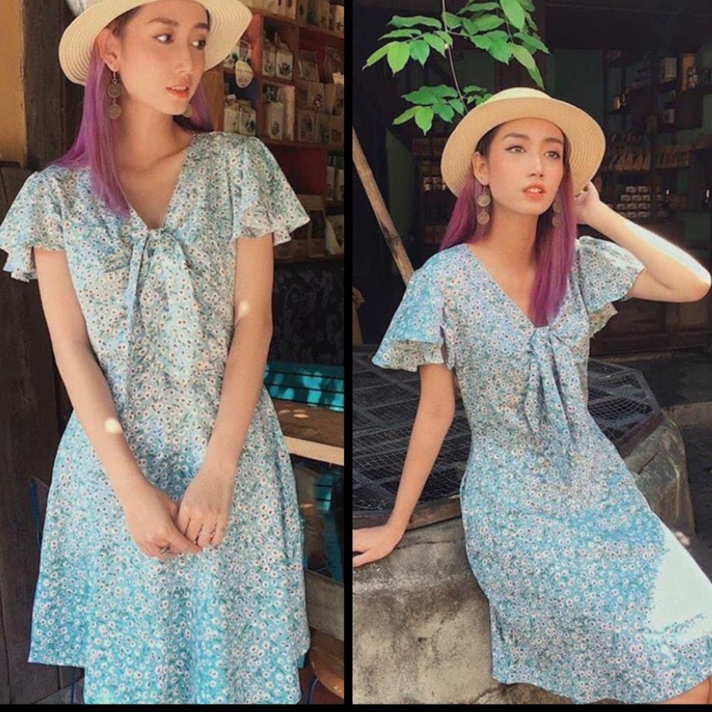 Đầm dạo phố hoa nhí xanh tay bèo cổ nơ PEYE DRESS