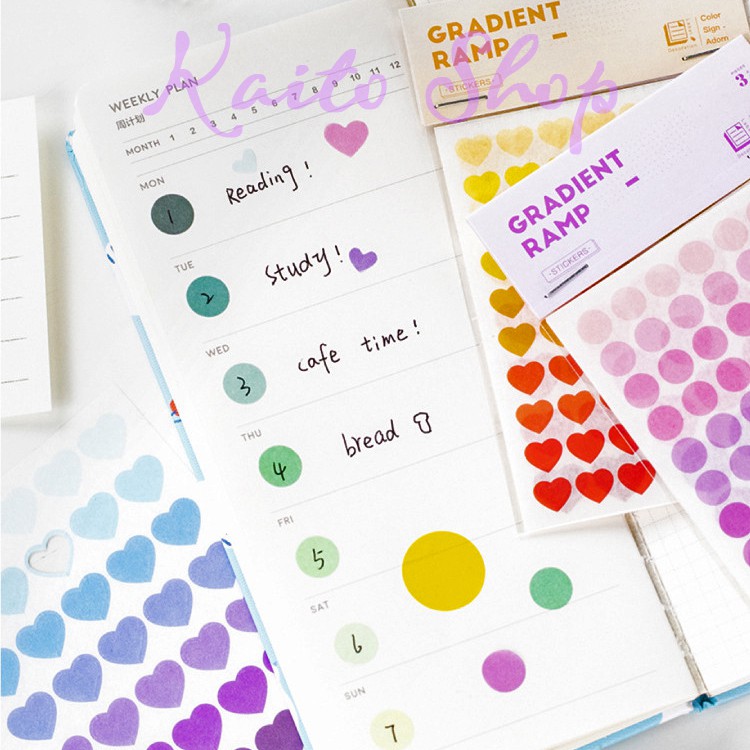 Sét 3 Tờ Nhãn Dán Sticker Trái Tim Hình Tròn Trang Trí Sổ Tay, Sổ Planner - Màu Gradient Tự Nhiên Lung Linh Sáng Tạo