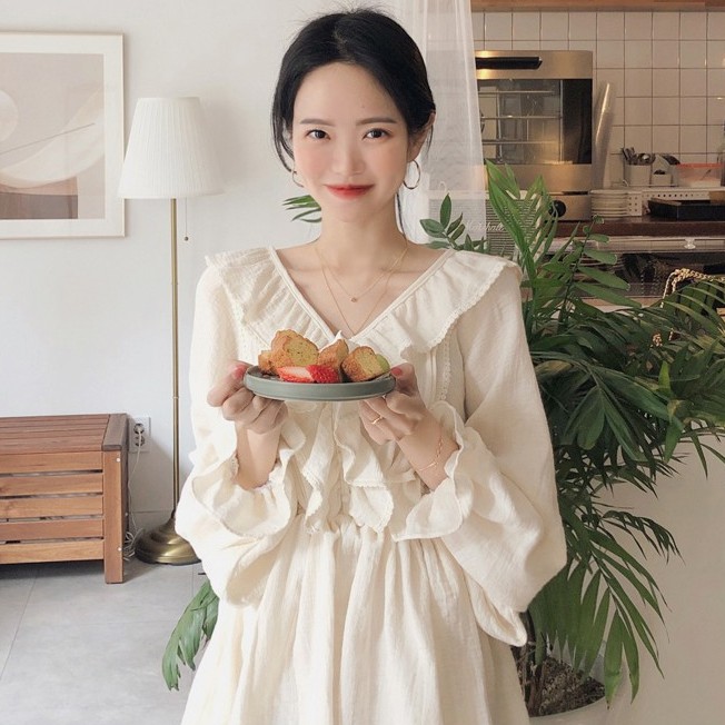 Áo Kiểu Tay Dài Phối Bèo Thiết Kế Cổ Chữ V Thanh Lịch 27395