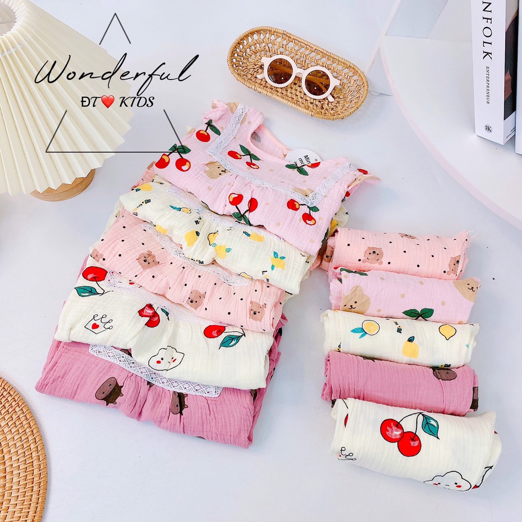 Bộ Xô Muslin cao cấp cho bé gái từ 1-5 tuổi, size từ 7-20kg họa tiết dễ thương