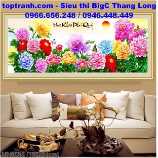 Tranh thêu chữ thập hoa mẫu đơn phú quý MN0055 thêu kín, chưa thêu