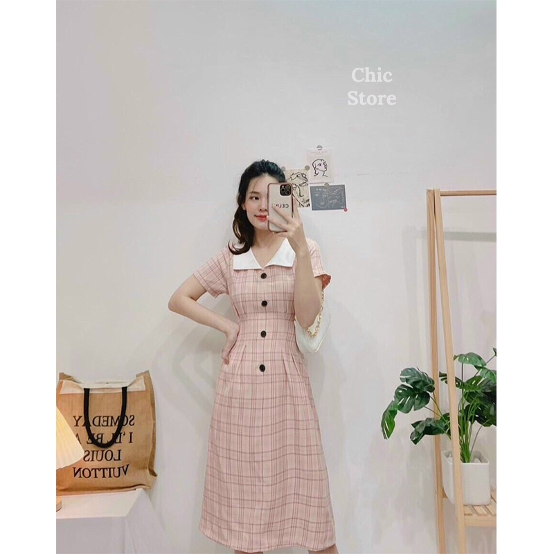 Đầm công sở Váy midi kẻ caro hồng cổ vạt bèo thanh lịch Chic.Store