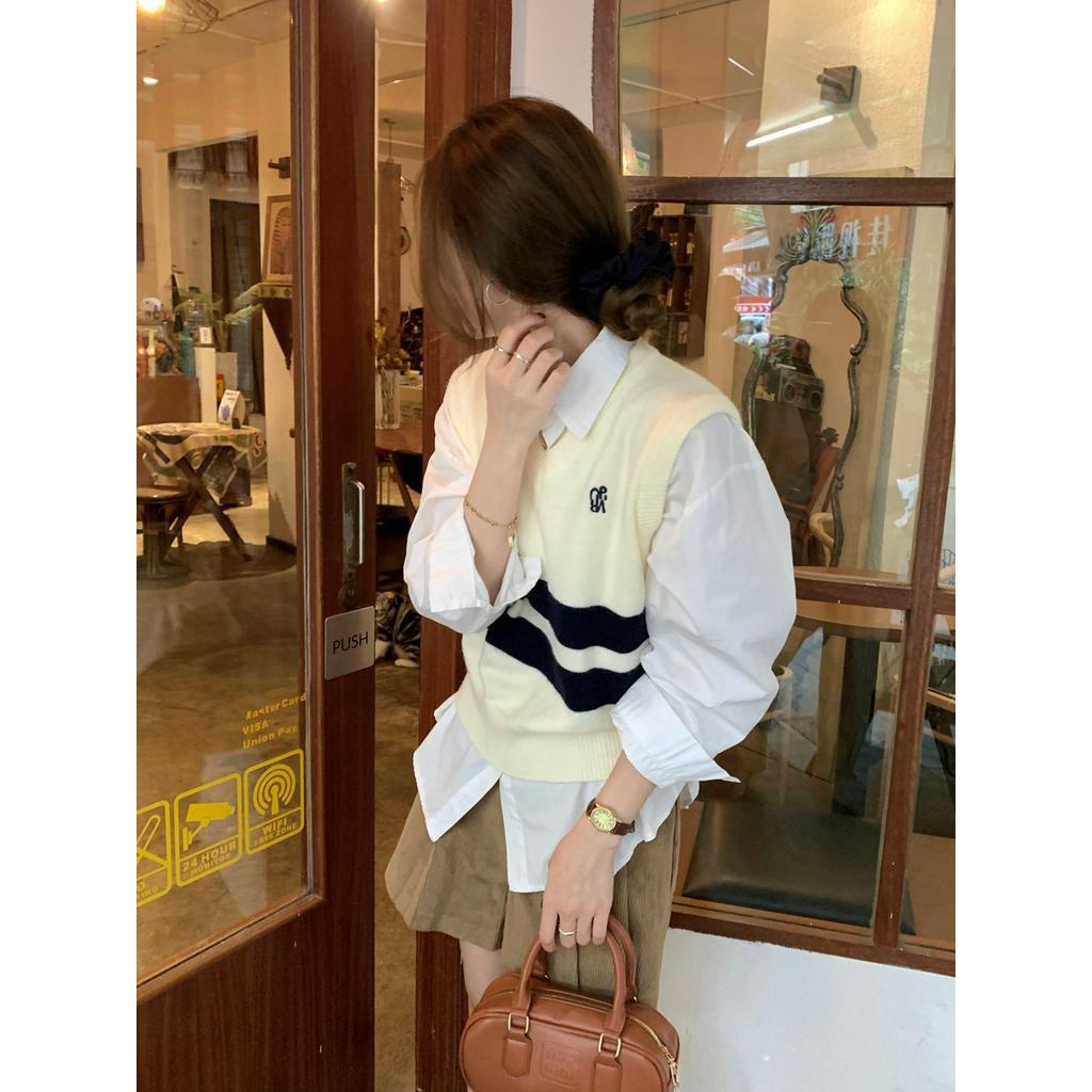 Áo sweater Dệt Kim Sát Nách Cổ Chữ v Phối Màu Thời Trang Thu Đông 67848