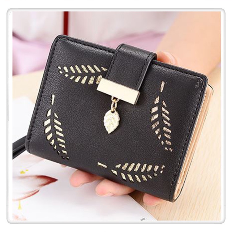 Ví Ngắn Cầm Tay Có Khóa Kéo Họa Tiết Lá Rỗng Phong Cách Hàn Quốc Cho Nữ Giá Đỡ