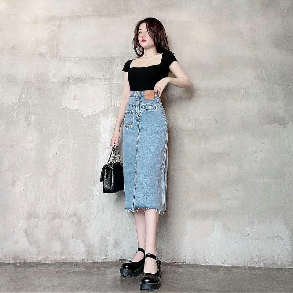 Chân Váy Jean Dài Xẻ Tà Phối TÚI LỆCH Chất Bò Màu Xanh Nhạt 527 | BigBuy360 - bigbuy360.vn