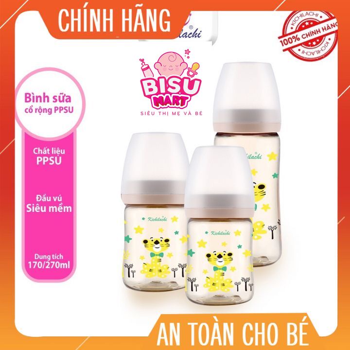 BÌNH SỮA CỔ RỘNG KICHI CON HỔ CẢM BIẾN NHIỆT PPSU CAO CẤP 170ML/270Ml