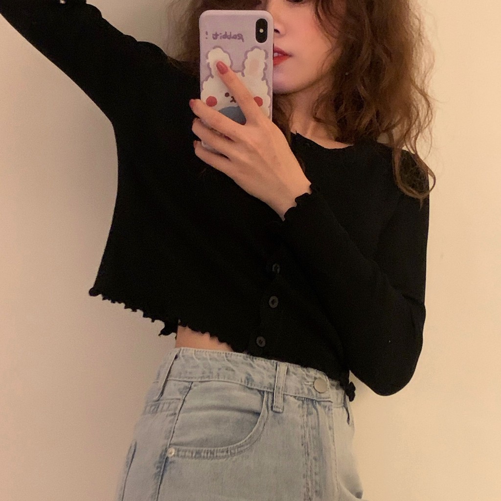 Áo croptop hở bụng tay dài có nút cài cúc áo ulzzang ( 5 màu )