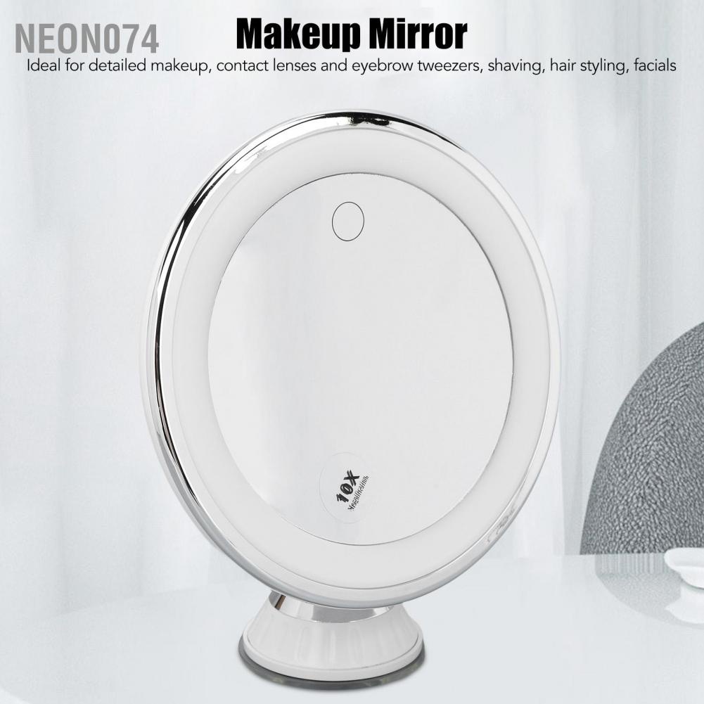 🥭 Neon074  Gương trang điểm phóng đại 10X xoay 360 độ có đèn 3 màu ánh sáng được cung cấp năng lượng bởi Pin