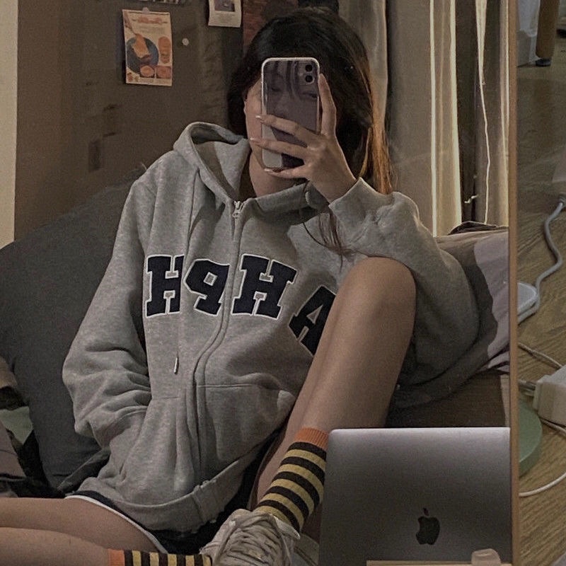 Áo khoác hoodie zip có mũ AHPH nỉ bông dáng rộng ulzzang