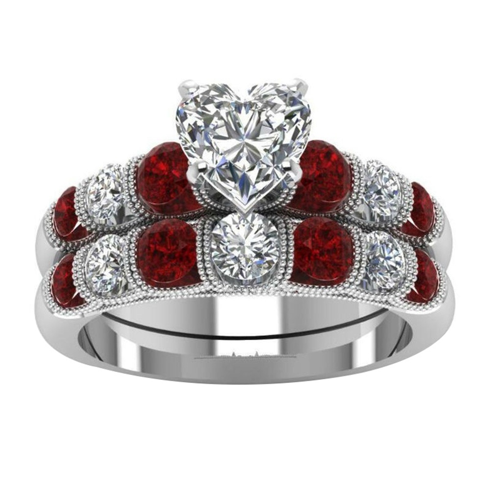 Bộ 2 Nhẫn Đính Đá Ruby Nhân Tạo Cổ Điển Cho Nữ