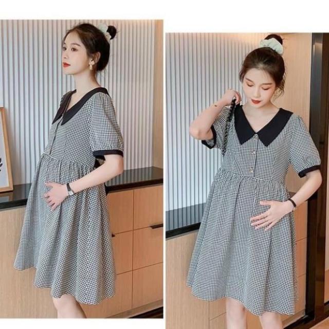 Váy bầu thời trang thiết kế  chất lụa hàn -đầm bầu kẻ sọc chất mềm mát mùa hè