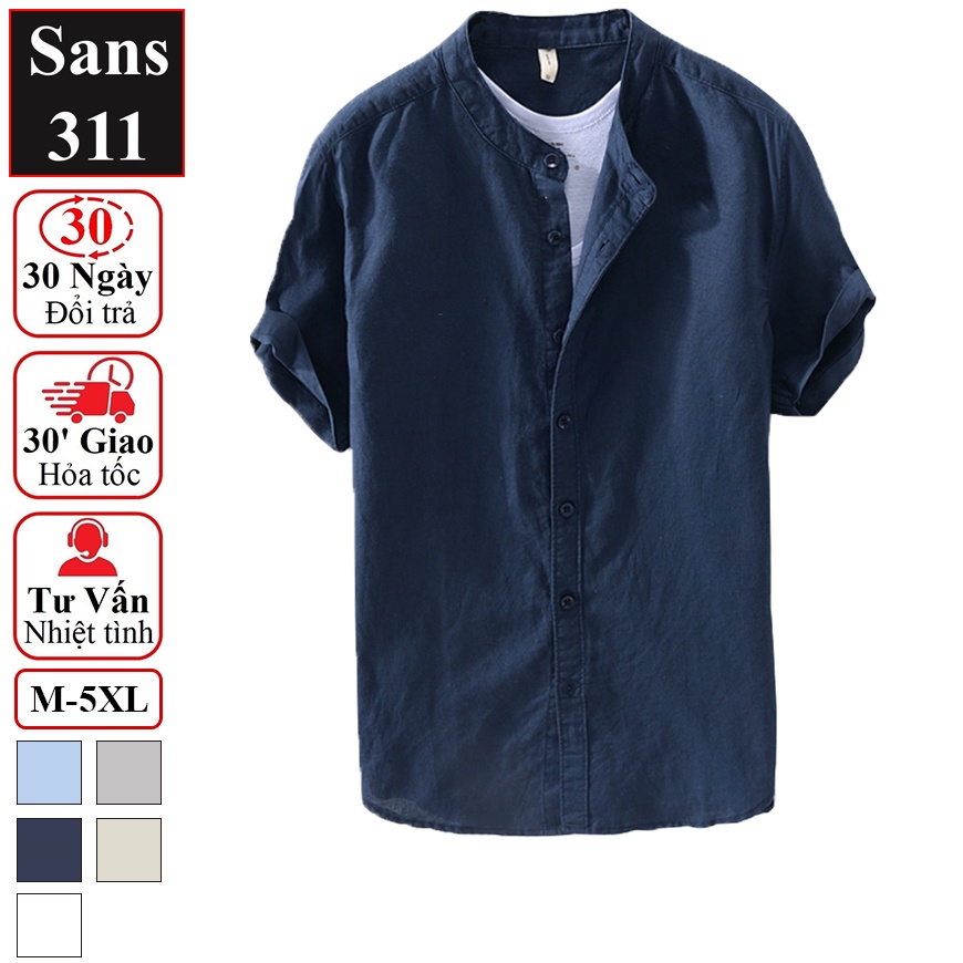 Áo sơ mi nam ngắn tay Sans311 chất linen đũi trơn nhẹ thoáng mát đẹp cổ tàu trụ trắng xanh dương xám nhạt than be