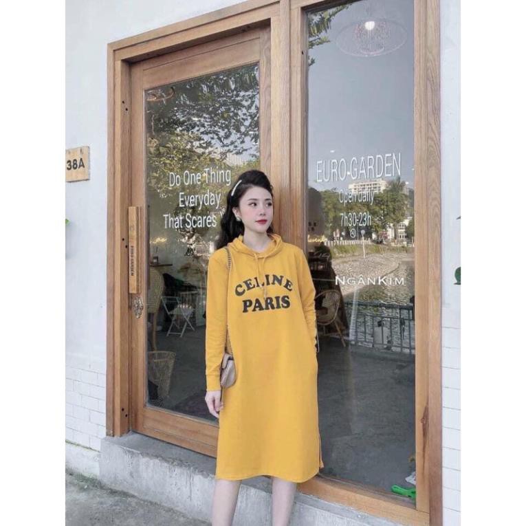 Váy hoodie dáng xuông tay dài in chữ "PARIS"  ྇