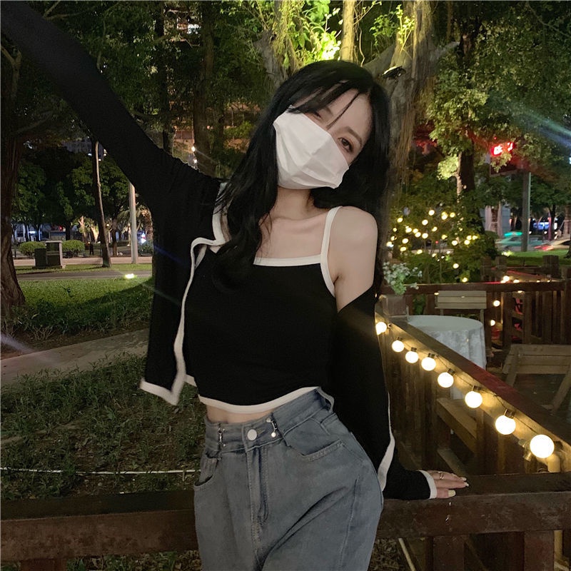 Set Áo Hai Dây + Áo Khoác Cardigan Tay Dài Chống Nắng Phong Cách Hàn Quốc Mới