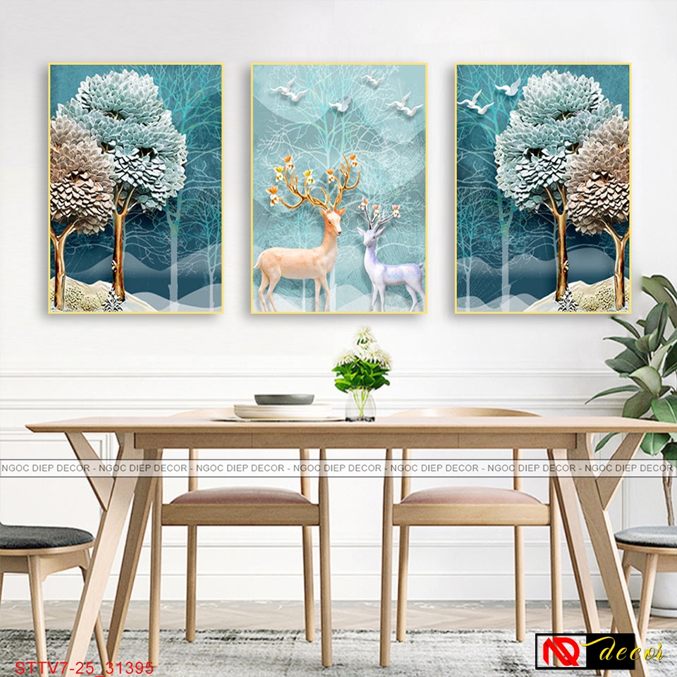 Tranh dán tường 3 tấm - Tranh decor, trang trí phòng khách in trên gỗ nhựa cao cấp. kèm băng dính xốp