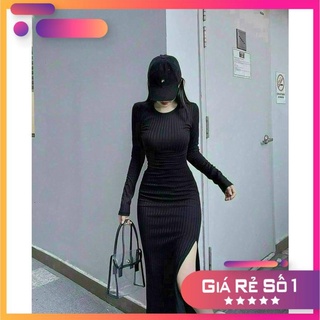 [8.8 Sales Freeship] Đầm thun nữ ôm body, đầm đen tay dài cổ tròn xẻ tà dáng dài năng động, siêu hack dáng