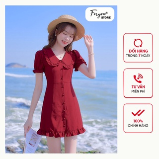 Váy đỏ đô FORYOU đầm cổ sen bèo tay bồng cúc giữa nhún bèo chân váy - Suri Dress