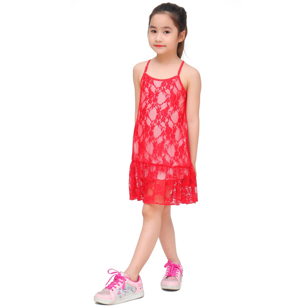 Váy hè bé gái Narsis KB0012 màu đỏ phối ren