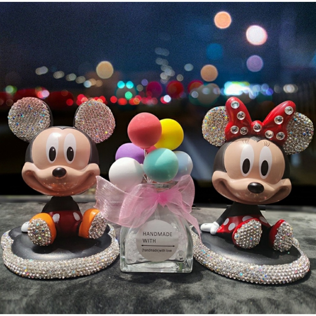 Mô Hình Chuột Mickey Minie Đính Đá Đầu Lắc Lư Dễ Thương Trang Trí Taplo ô tô