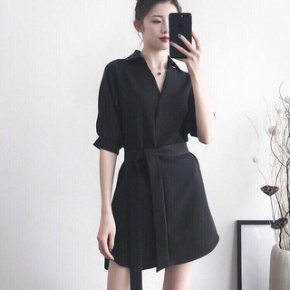 DX490 - Đầm Xòe Sơ Mi Đen Cột Eo Cực Xinh
