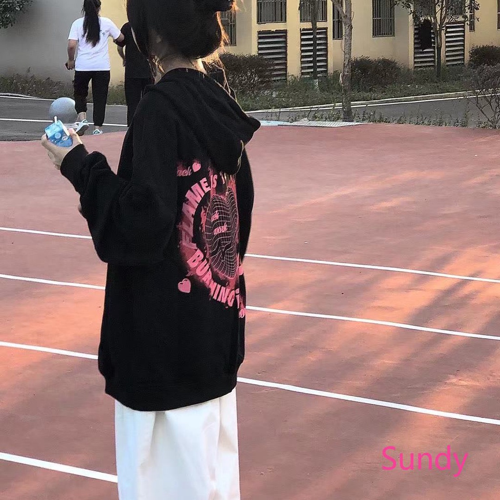 Áo hoodie màu đen lót nhung dày dặn thời trang mùa đông phong cách Hàn Quốc dành cho nữ