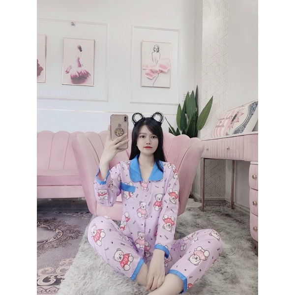 Set Bộ Ngủ Cổ Sen Tay Dài Quần Dài Kate Lụa 40-65kg | BigBuy360 - bigbuy360.vn