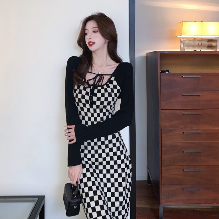 Váy cổ vuông caro🌼NaNo Studio🌼 Đầm dài 2021 mùa hè thắt dây độc đáo | BigBuy360 - bigbuy360.vn