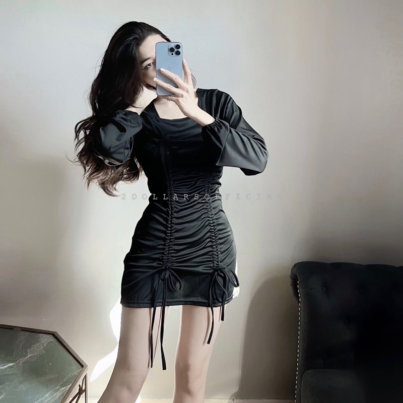Đ2034 - Đầm Body Tay Dài Dây Rút Đen Cổ Vuông
