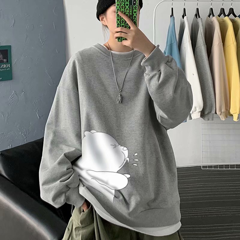 Áo sweater dáng rộng 45kg-110kg dài tay cổ tròn in hình gấu phối nhung nhiều màu cho nam nữ