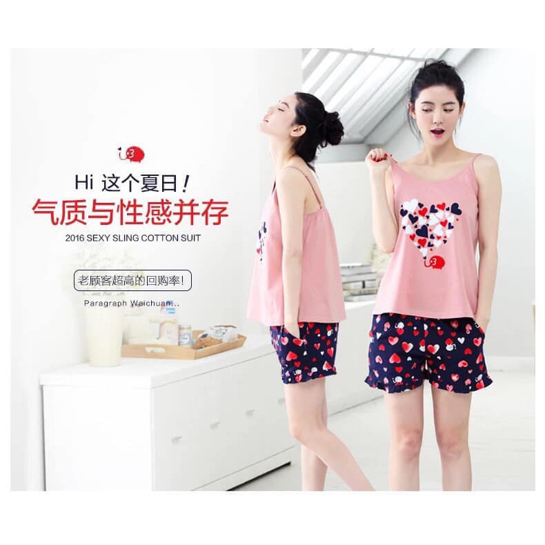Bộ Mặc Nhà / Bộ Đồ Ngủ Hồng, 2 Dây, Cotton hình trái Tim đáng yêu