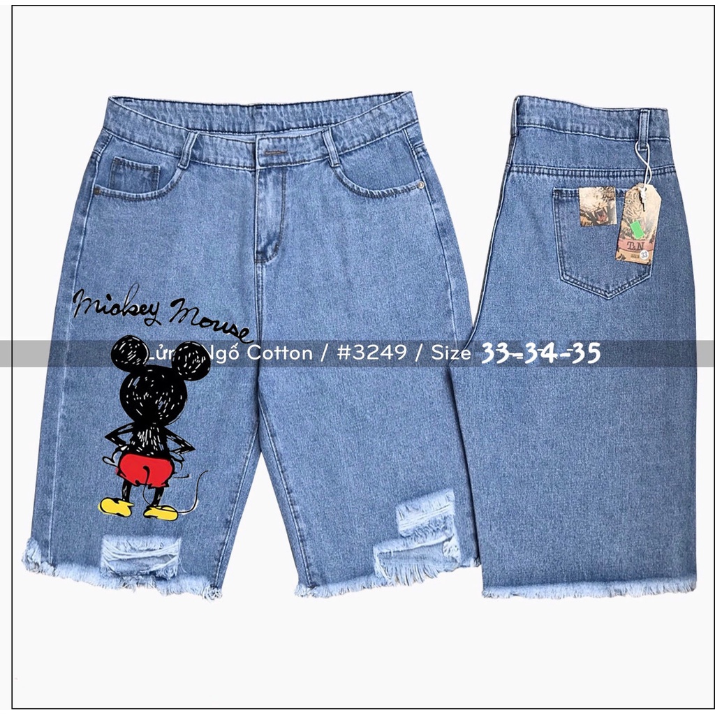 Quần jean ngố / lửng / 5 tấc BIGSIZE lưng cao, rách bụi đẹp, in hình mèo chuột 4153 Moliruan