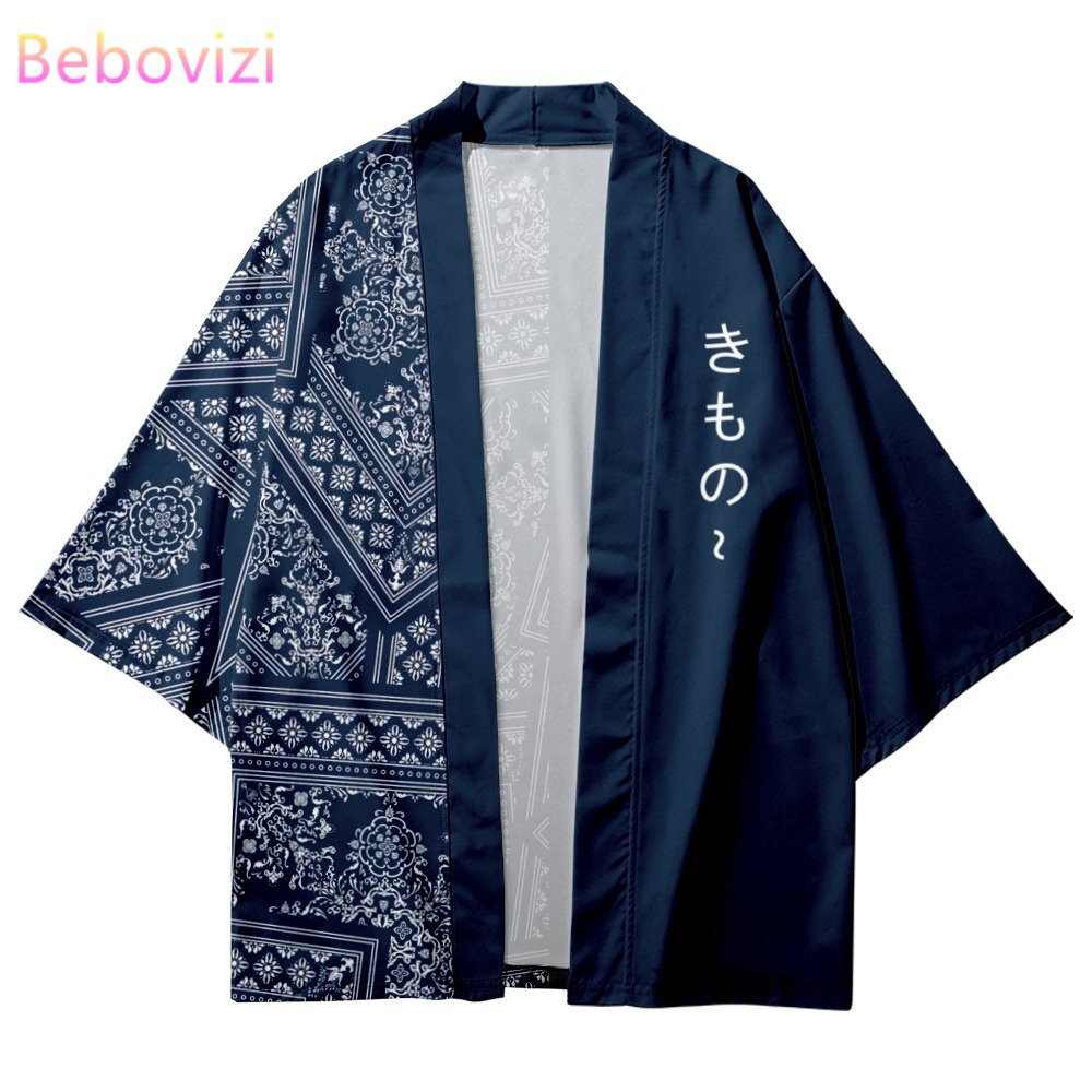 Áo Kimono Yukata Màu Xanh Dương In Hình Hoa Phong Cách Nhật Bản