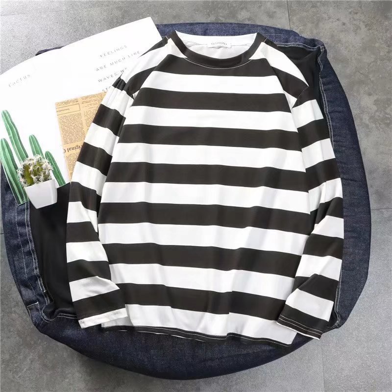 Áo thun tay dài dáng rộng họa tiết kẻ sọc size M-2XL thời trang đơn giản dành cho nam