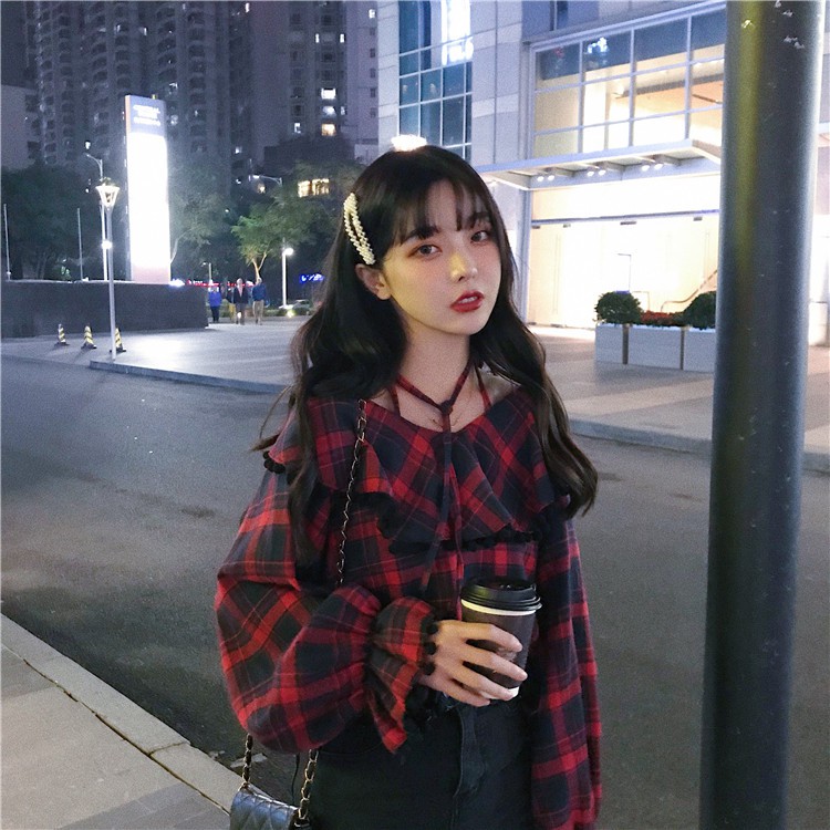 Áo Kiểu Trễ Vai Tay Dài Họa Tiết Sọc Caro Màu Sắc Tương Phản | BigBuy360 - bigbuy360.vn