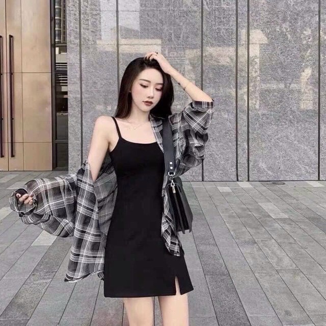 đầm dây bót + áo sơ mi caro bigsize 55kg-90kg
