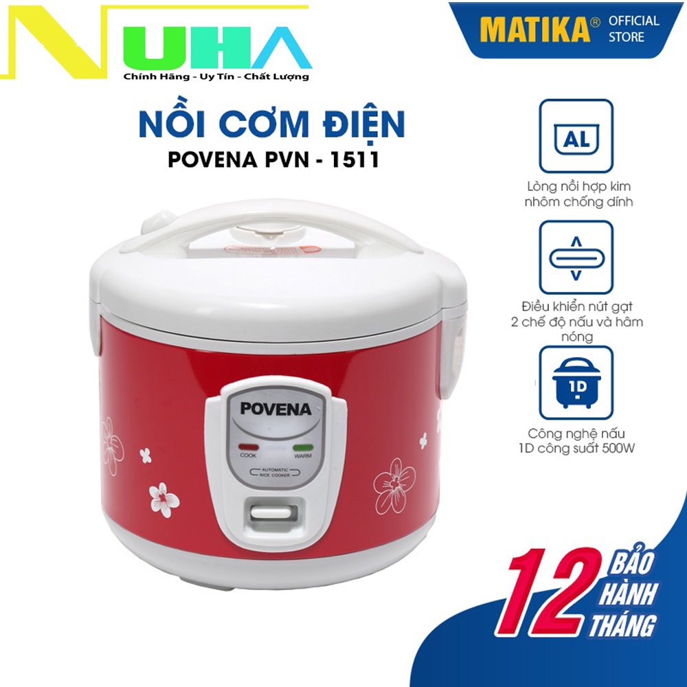 Nồi cơm điện nắp gài POVENA chính hãng dung tích 1,5L nấu cơm ngon chuẩn vị PVN-1511