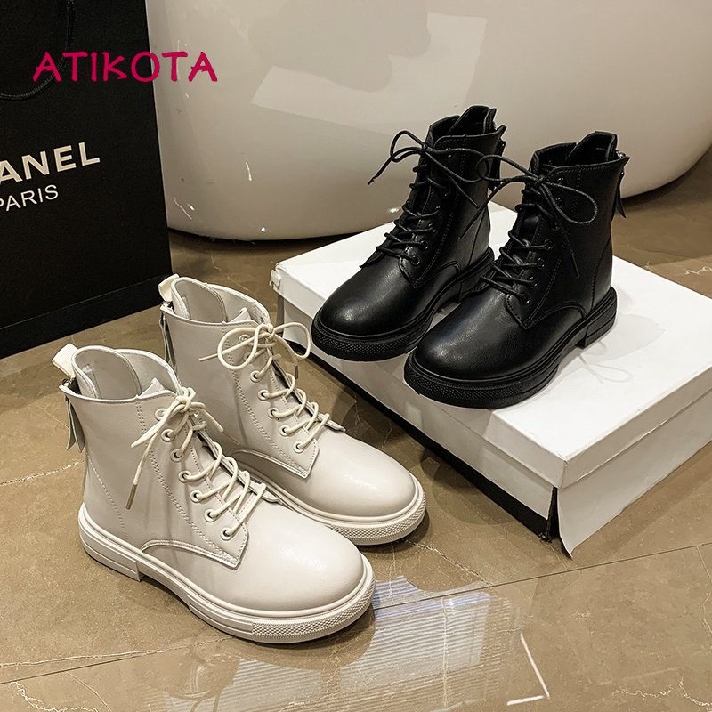 Giày bốt martin ATIKOTA mũi tròn đế dày buộc dây phối khóa kéo phía sau thoải mái thời trang cho nữ