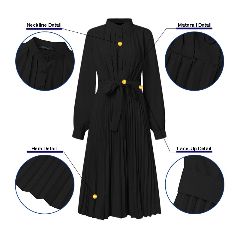 Đầm ZANZEA tay dài xếp ly lưng cao thanh lịch phong cách Hàn Quốc thường ngày dành cho bạn nữ