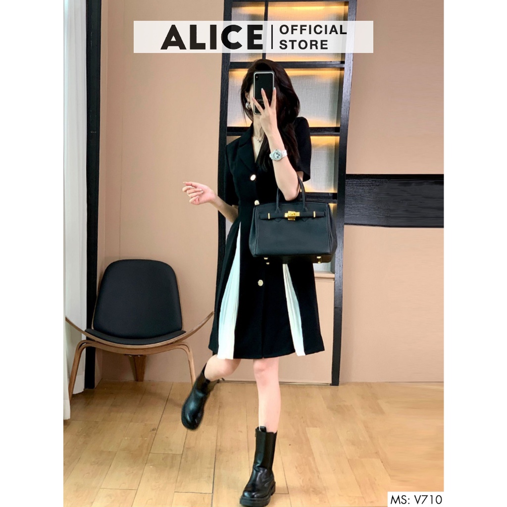 Đầm Công Sở Cổ Vest Phối Dập Ly ALICE V710, Váy Đen Thiết Kế Tôn Dáng Sang Trọng | BigBuy360 - bigbuy360.vn