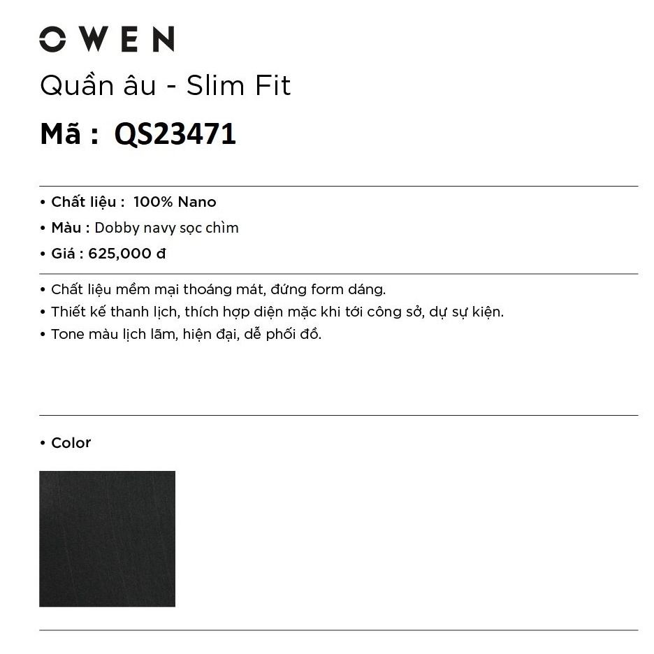 Quần Âu Nam Quần Tây Công Sở Cao Cấp Owen QS23471 Dài Chân Dáng Ôm Ống Côn Màu Xanh Navy Sọc Chìm Vải Nano Mềm Mát