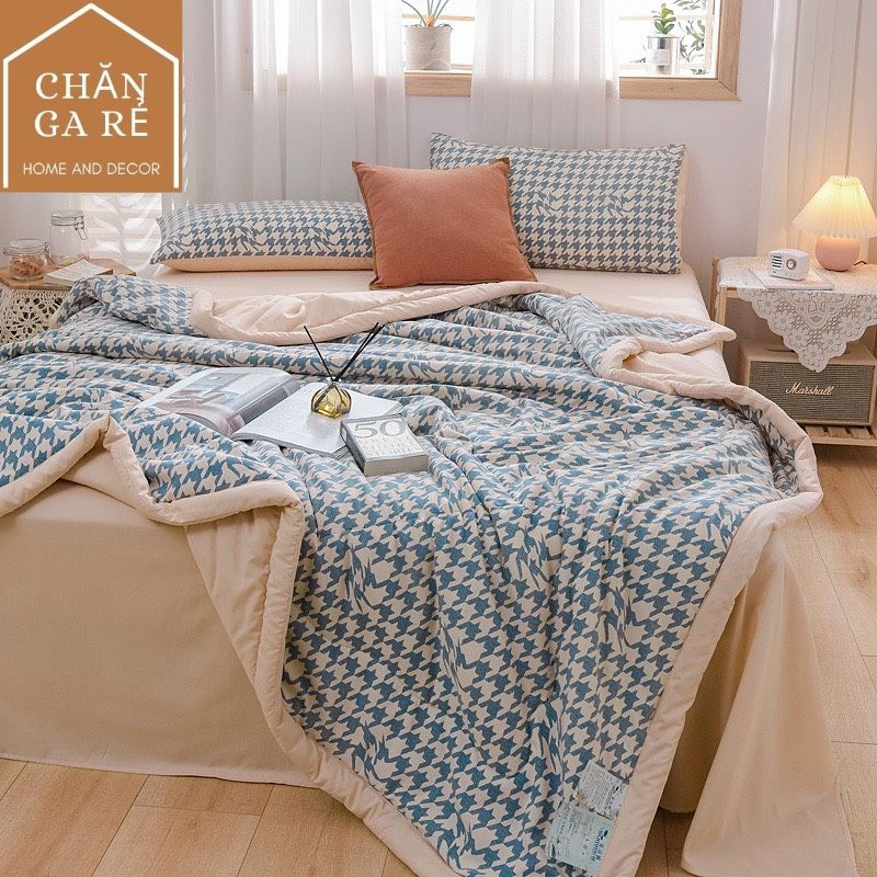[Hàng nhập] Bộ chăn ga cottong đũi kẻ chăn trần bông freesize (bo chun theo yêu cầu)