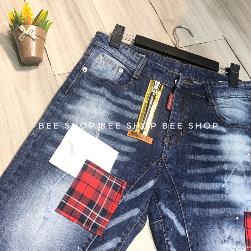 Quần bò ngố nam Dsq vá trắng đỏ , quần jean nam, quần short bò - Bee Shop