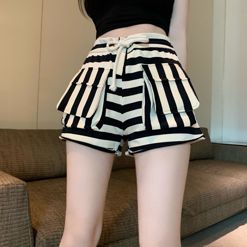 Quần Sọt Lưng Cao Dáng Rộng Hoạ Tiết Kẻ Sọc Thời Trang Mùa Hè Cho Phái Nữ