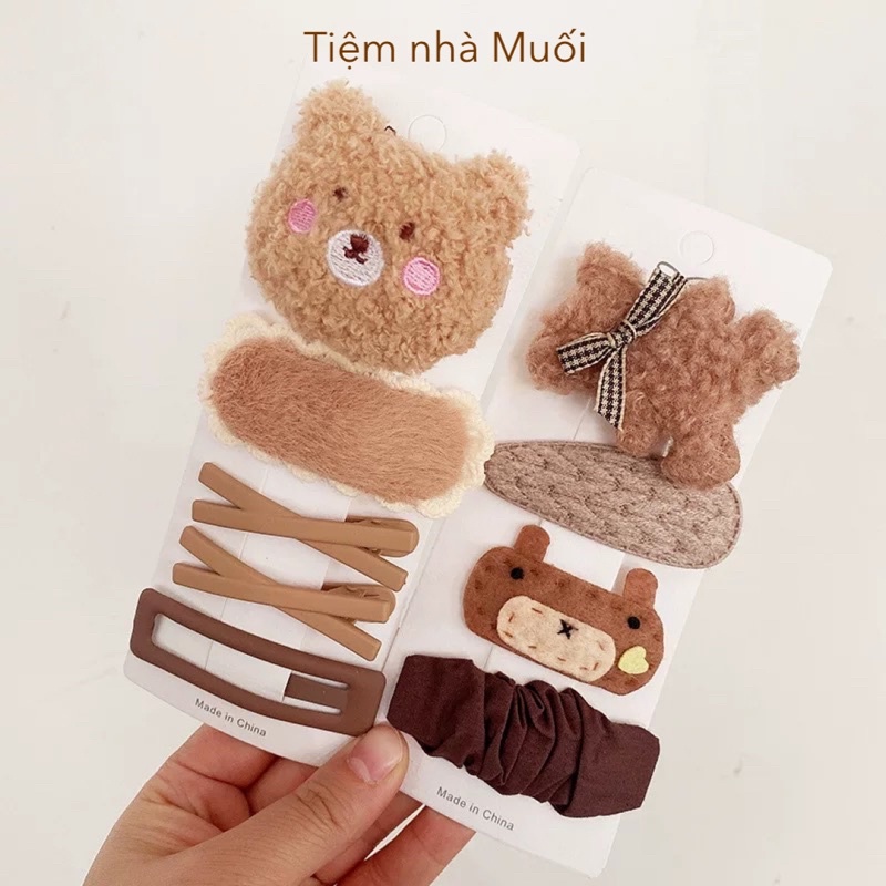 Set 4 kẹp tóc tone nâu/be/trà sữa siêu cute phong cách Hàn Quốc cho bé gái
