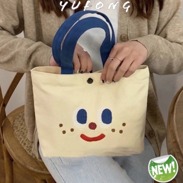 Túi xách Canvas nhỏ hình mặt cười nữ sinh đi chơi xách tay túi mới phiên bản Hàn Quốc